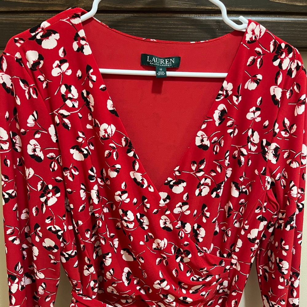 Lauren Ralph Lauren Red Floral Faux Wrap Jersey Dress Size 12 - Picture 4 of 15
